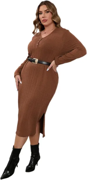 ShopWonder Plus Size Lightweight Knit Sweater Dress Long Sleeve Fall Outfits Fashion V Neck Slit Hem Casual Midi Dress