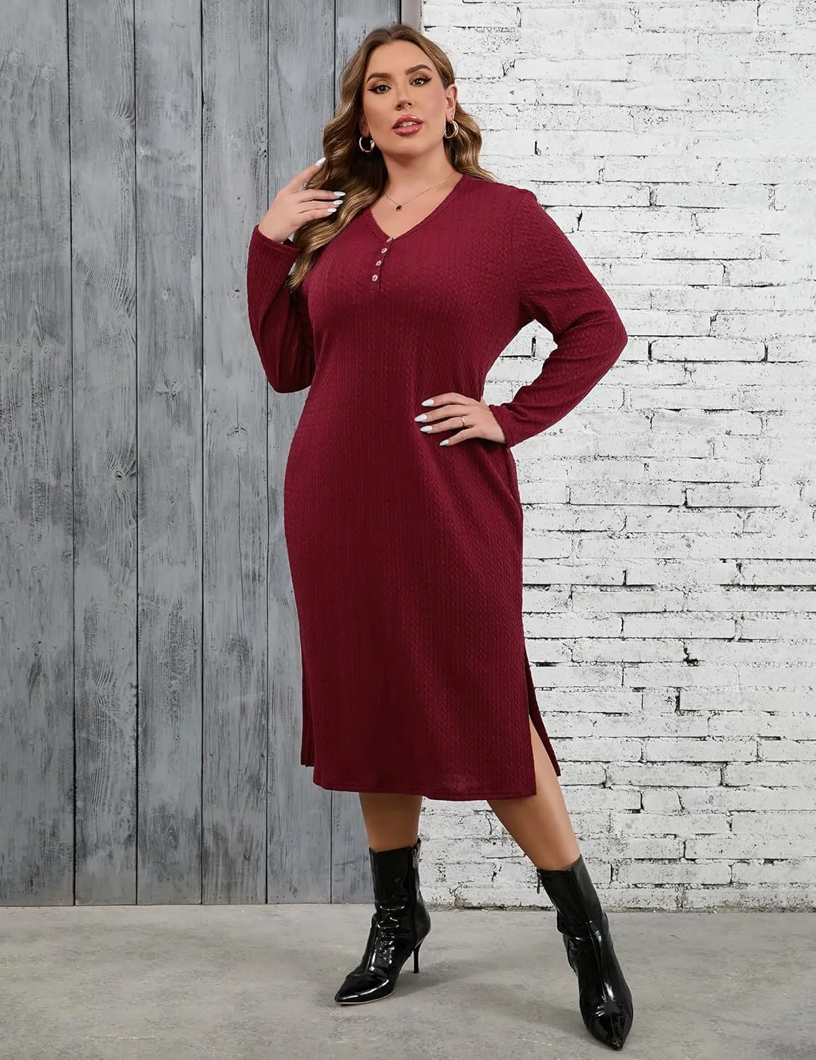 ShopWonder Plus Size Lightweight Knit Sweater Dress Long Sleeve Fall Outfits Fashion V Neck Slit Hem Casual Midi Dress