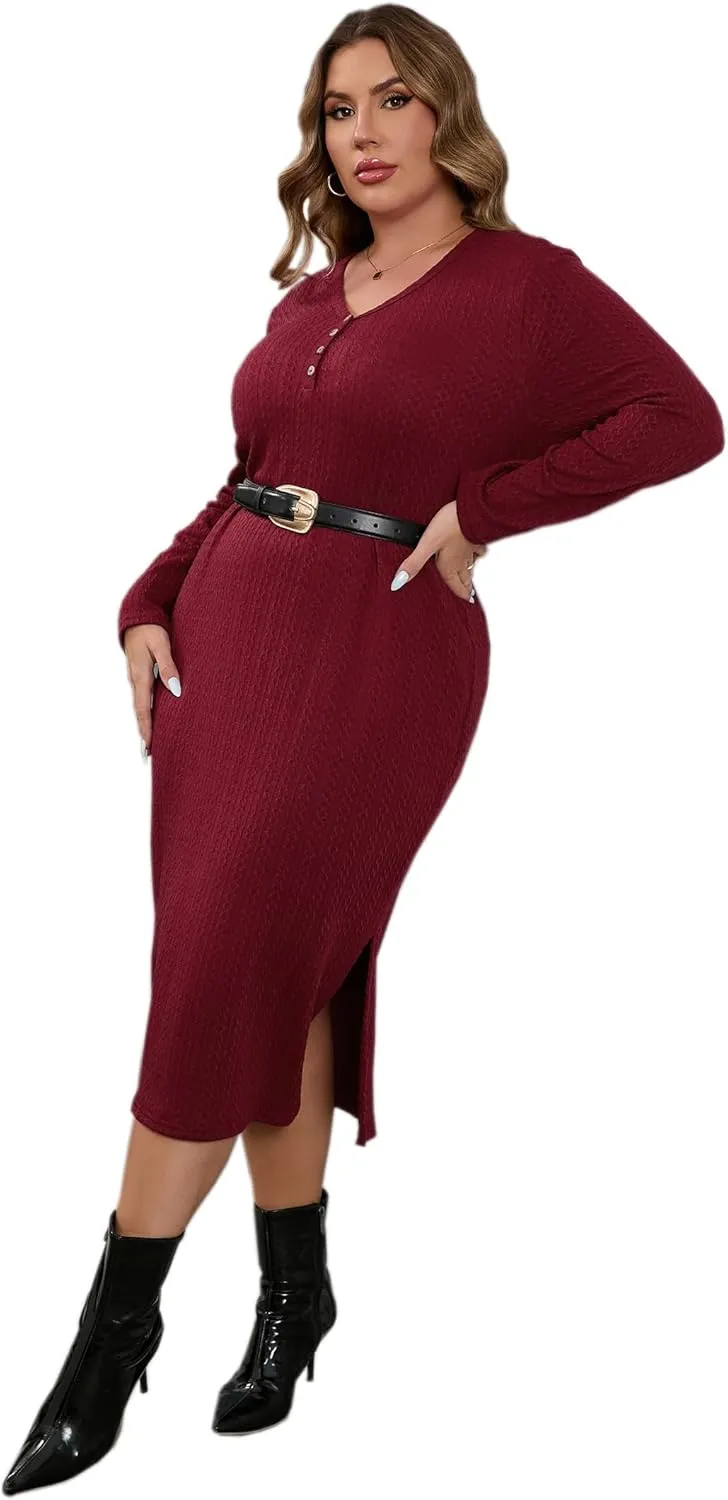 ShopWonder Plus Size Lightweight Knit Sweater Dress Long Sleeve Fall Outfits Fashion V Neck Slit Hem Casual Midi Dress