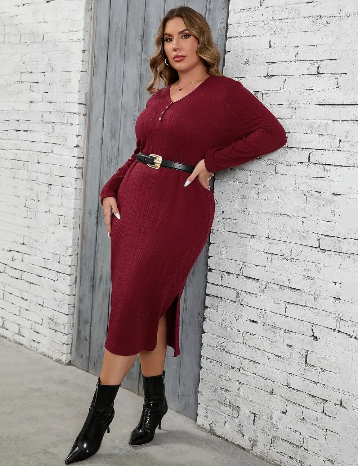 ShopWonder Plus Size Lightweight Knit Sweater Dress Long Sleeve Fall Outfits Fashion V Neck Slit Hem Casual Midi Dress