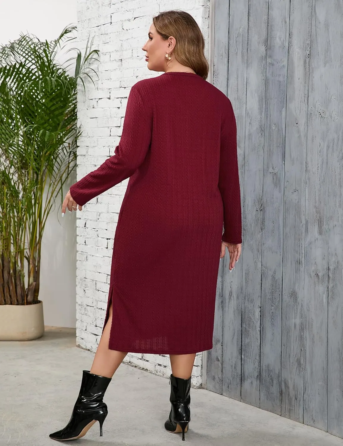 ShopWonder Plus Size Lightweight Knit Sweater Dress Long Sleeve Fall Outfits Fashion V Neck Slit Hem Casual Midi Dress