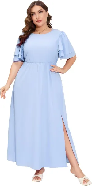 ShopWonder Women Plus Size Maxi Dress Round Neck Ruffle Short Sleeves High Waist Split Summer Casual Dress with Pockets