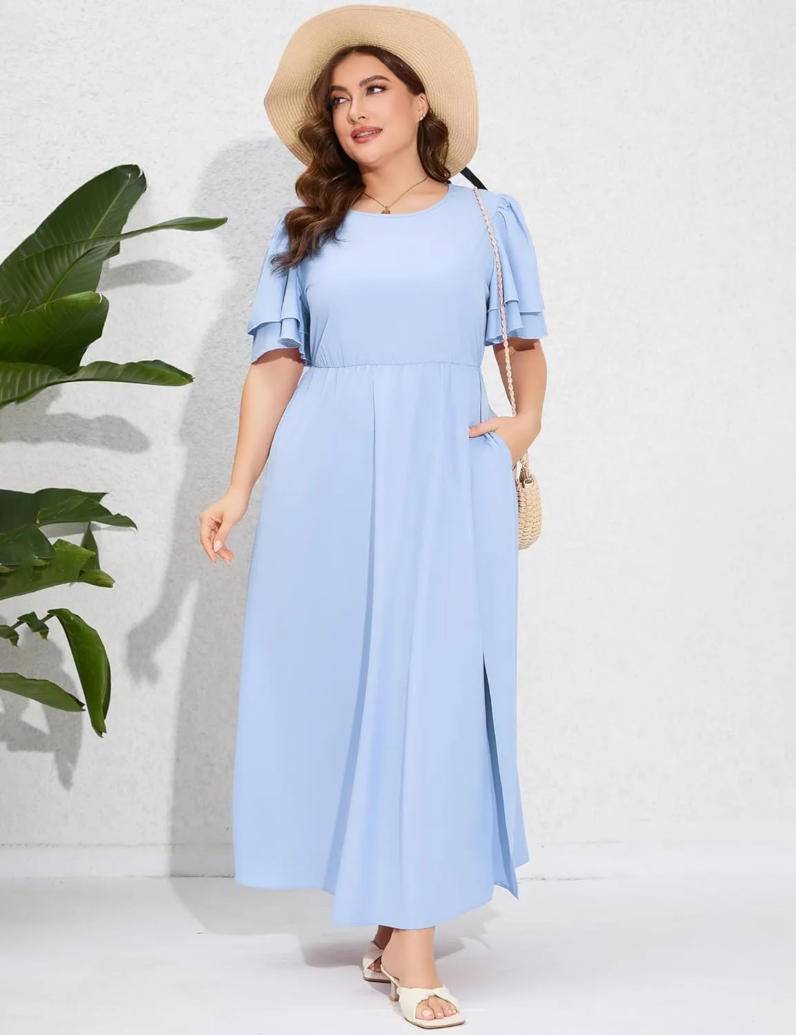 ShopWonder Women Plus Size Maxi Dress Round Neck Ruffle Short Sleeves High Waist Split Summer Casual Dress with Pockets