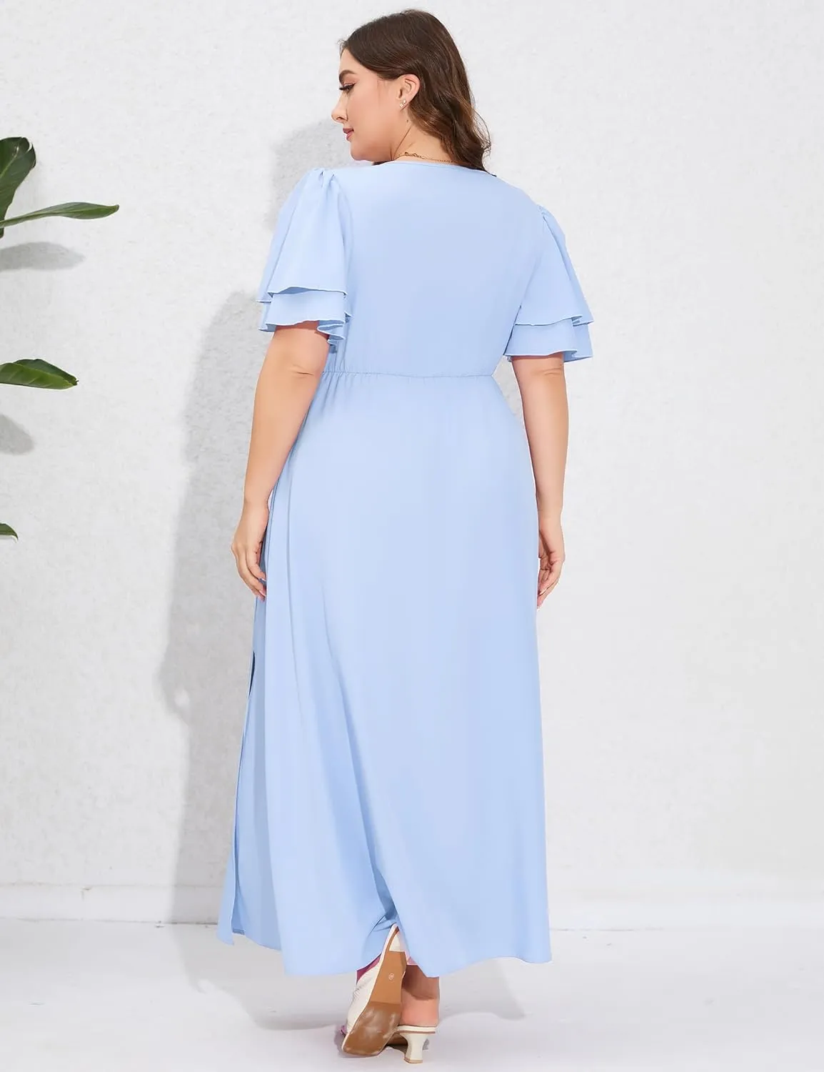 ShopWonder Women Plus Size Maxi Dress Round Neck Ruffle Short Sleeves High Waist Split Summer Casual Dress with Pockets