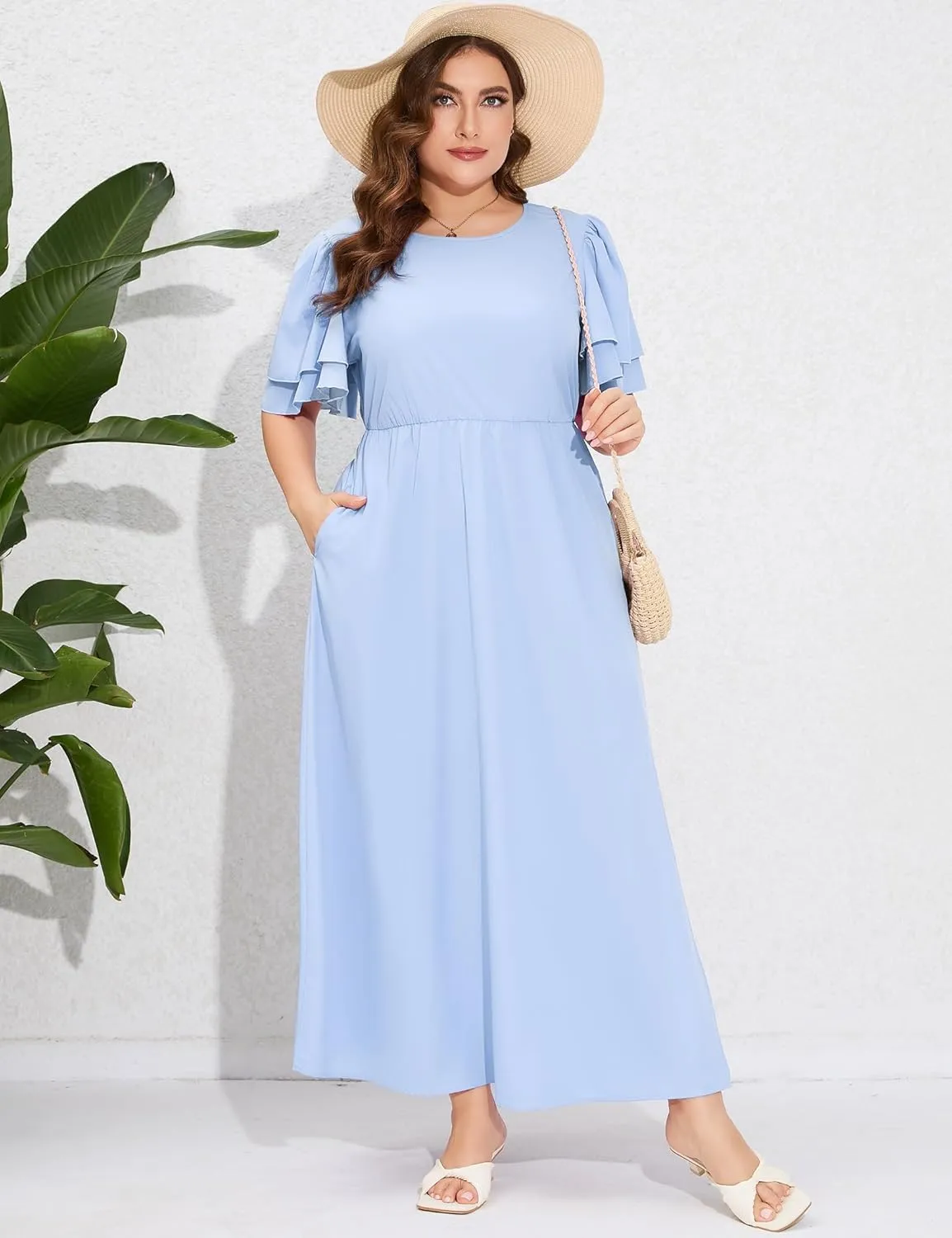 ShopWonder Women Plus Size Maxi Dress Round Neck Ruffle Short Sleeves High Waist Split Summer Casual Dress with Pockets