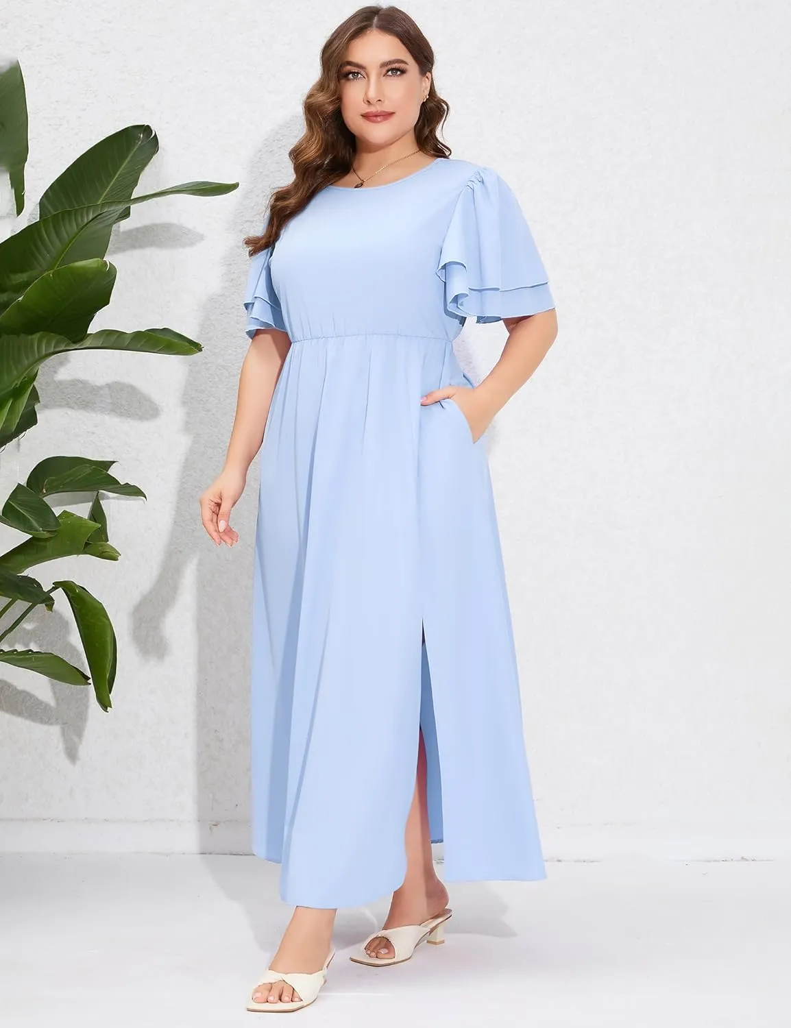 ShopWonder Women Plus Size Maxi Dress Round Neck Ruffle Short Sleeves High Waist Split Summer Casual Dress with Pockets
