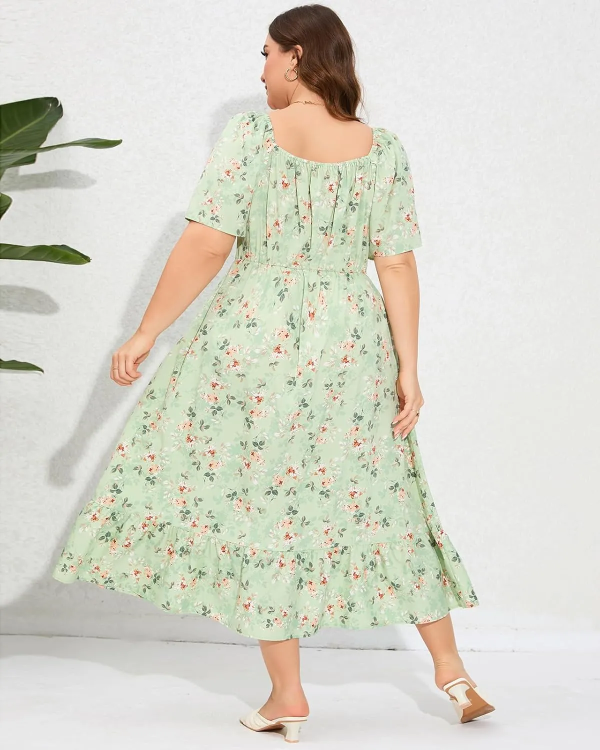 ShopWonder Womens Plus Size Square Neck Floral Print Summer Dress Ruffle Short Sleeve Tie Front Slit Hem Boho Maxi Dress