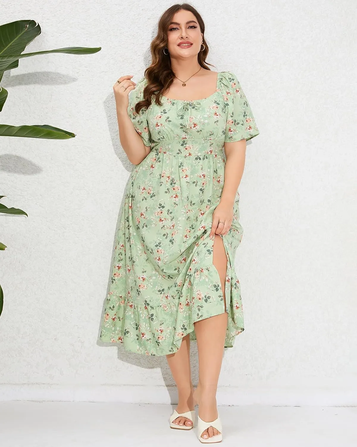 ShopWonder Womens Plus Size Square Neck Floral Print Summer Dress Ruffle Short Sleeve Tie Front Slit Hem Boho Maxi Dress