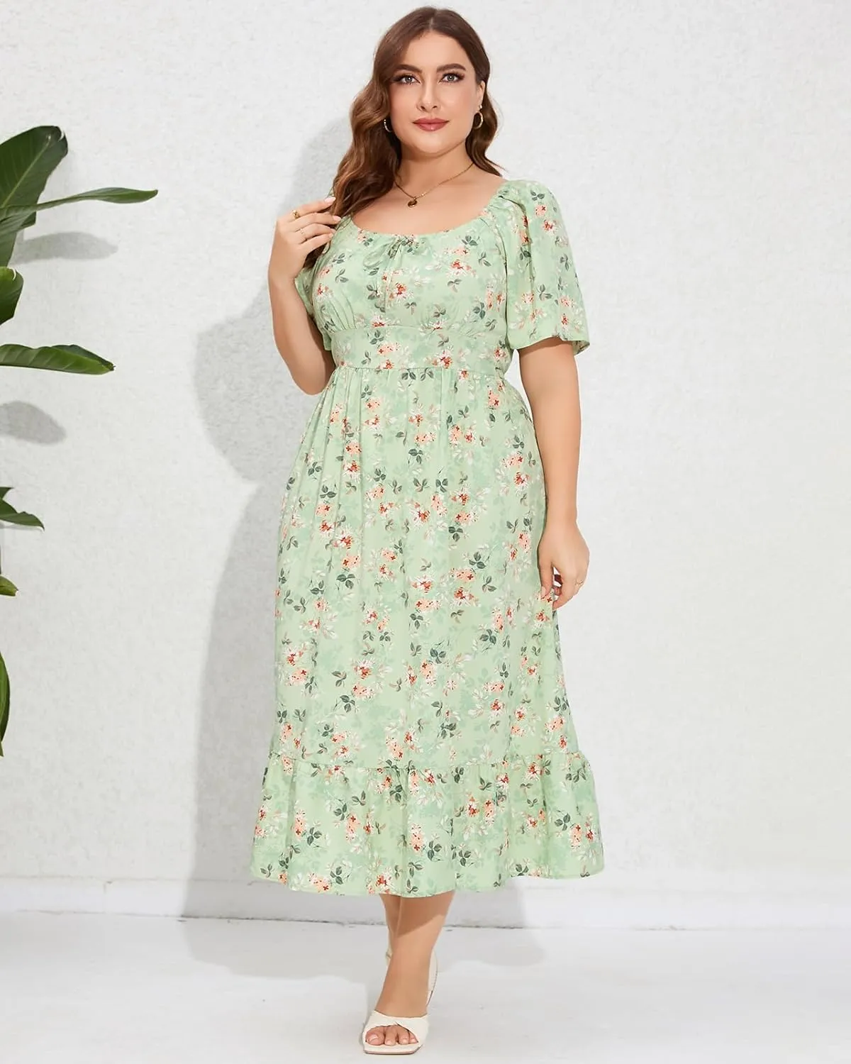 ShopWonder Womens Plus Size Square Neck Floral Print Summer Dress Ruffle Short Sleeve Tie Front Slit Hem Boho Maxi Dress
