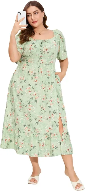 ShopWonder Womens Plus Size Square Neck Floral Print Summer Dress Ruffle Short Sleeve Tie Front Slit Hem Boho Maxi Dress