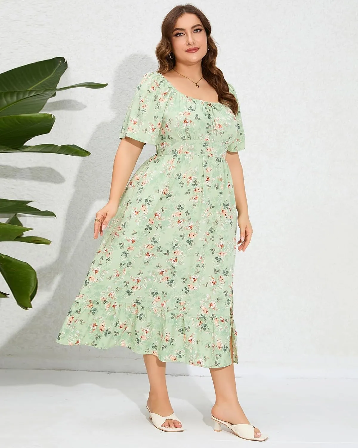 ShopWonder Womens Plus Size Square Neck Floral Print Summer Dress Ruffle Short Sleeve Tie Front Slit Hem Boho Maxi Dress