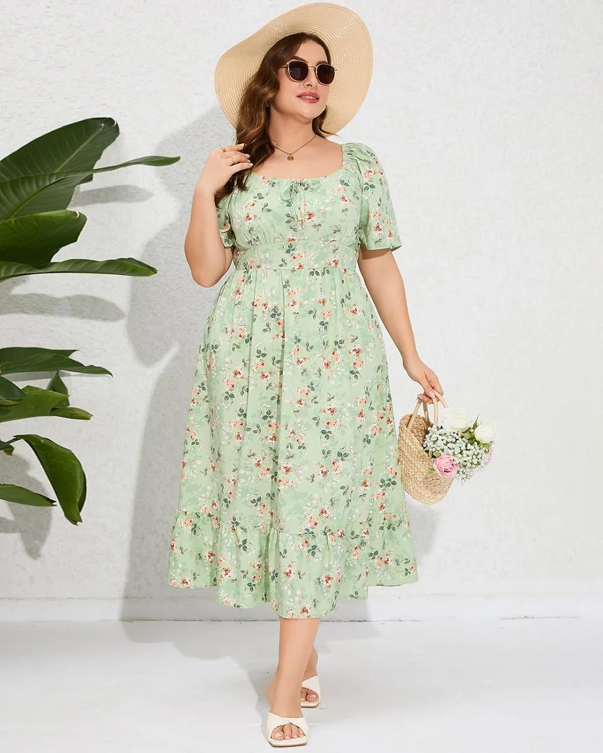 ShopWonder Womens Plus Size Square Neck Floral Print Summer Dress Ruffle Short Sleeve Tie Front Slit Hem Boho Maxi Dress