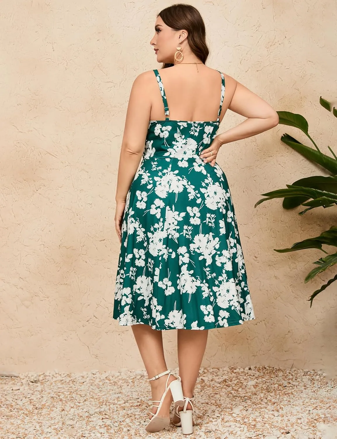 ShopWonder Womens Plus Size Summer Dress V Neck Floral Spaghetti Strap Sundress Button Down Pleated Swing Boho Midi Dress