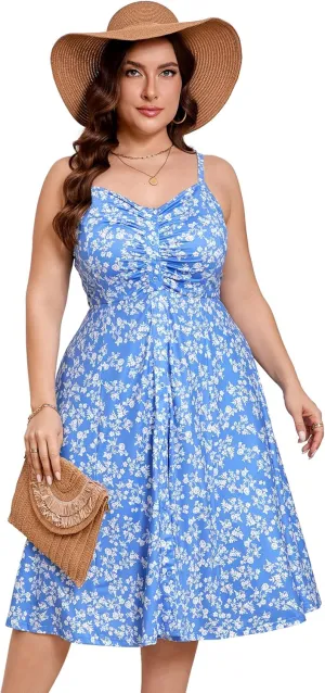 ShopWonder Womens Plus Size Summer Dress V Neck Floral Spaghetti Strap Sundress Button Down Pleated Swing Boho Midi Dress
