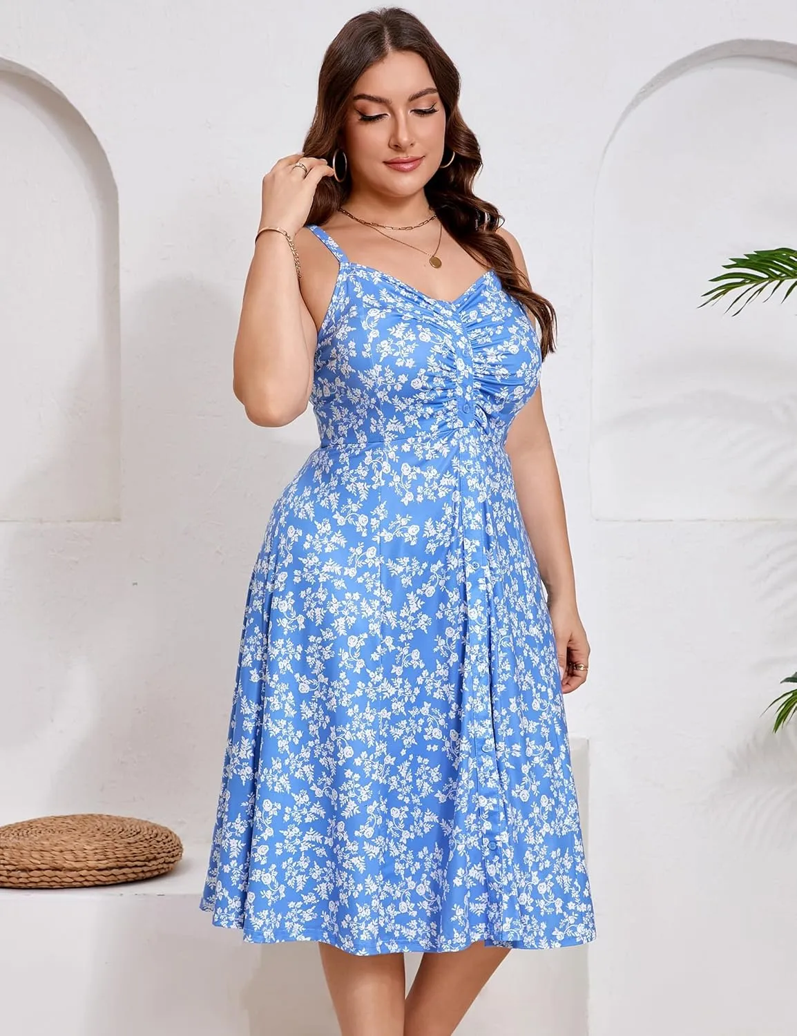 ShopWonder Womens Plus Size Summer Dress V Neck Floral Spaghetti Strap Sundress Button Down Pleated Swing Boho Midi Dress