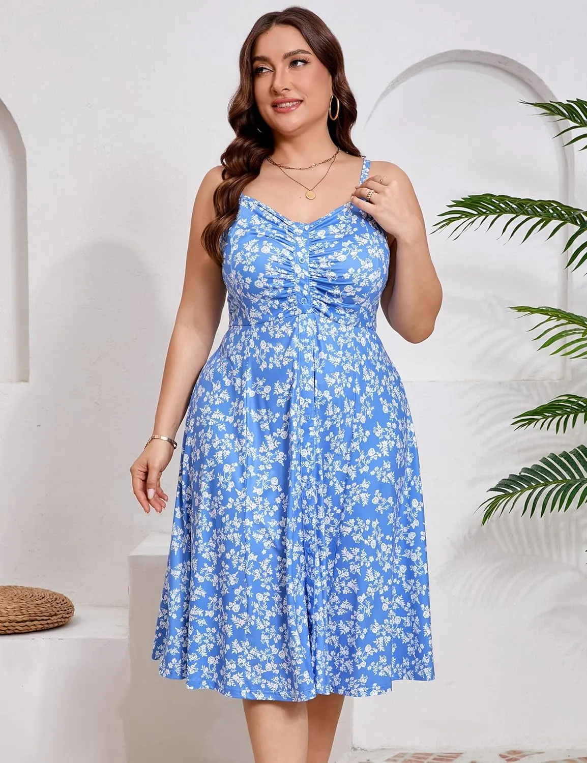 ShopWonder Womens Plus Size Summer Dress V Neck Floral Spaghetti Strap Sundress Button Down Pleated Swing Boho Midi Dress