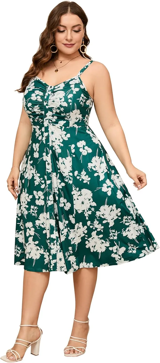 ShopWonder Womens Plus Size Summer Dress V Neck Floral Spaghetti Strap Sundress Button Down Pleated Swing Boho Midi Dress