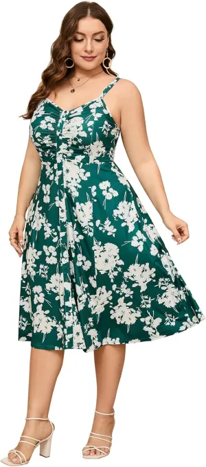 ShopWonder Womens Plus Size Summer Dress V Neck Floral Spaghetti Strap Sundress Button Down Pleated Swing Boho Midi Dress