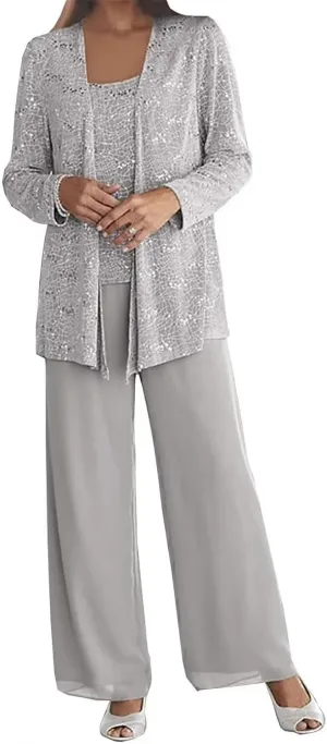 Silver Mother of The Bride Dresses Plus Size Pant Suits for Women Dressy 3 Pieces Evening Party Gown with Jacket 16