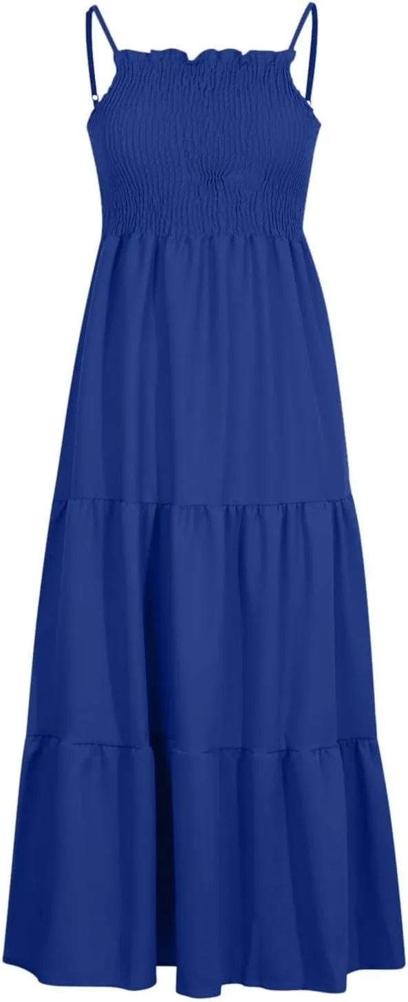 Sleeveless Spaghetti Strap Beach Dresses for Women Hawaiian Midi Dress Boho High Waist Smocked Flowy Long Maxi Dress