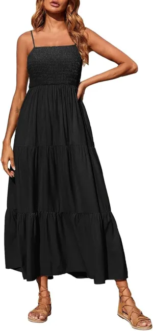 Sleeveless Spaghetti Strap Beach Dresses for Women Hawaiian Midi Dress Boho High Waist Smocked Flowy Long Maxi Dress