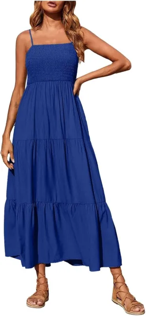 Sleeveless Spaghetti Strap Beach Dresses for Women Hawaiian Midi Dress Boho High Waist Smocked Flowy Long Maxi Dress