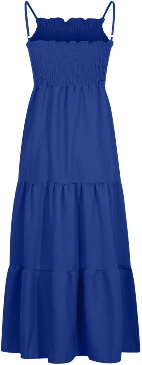 Sleeveless Spaghetti Strap Beach Dresses for Women Hawaiian Midi Dress Boho High Waist Smocked Flowy Long Maxi Dress