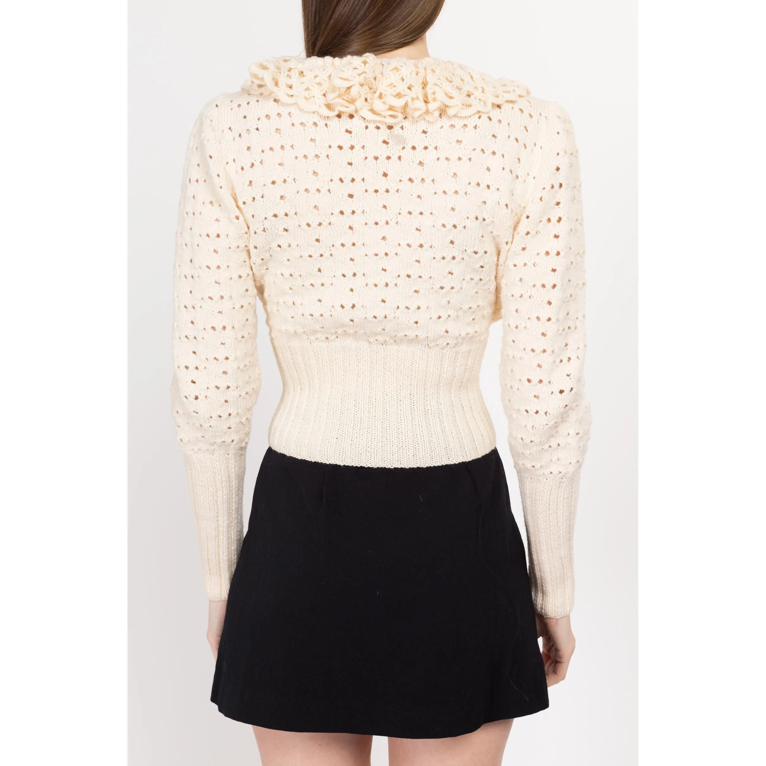 Sm-Med 80s Boho Cream Eyelet Ruffle Wrap Sweater