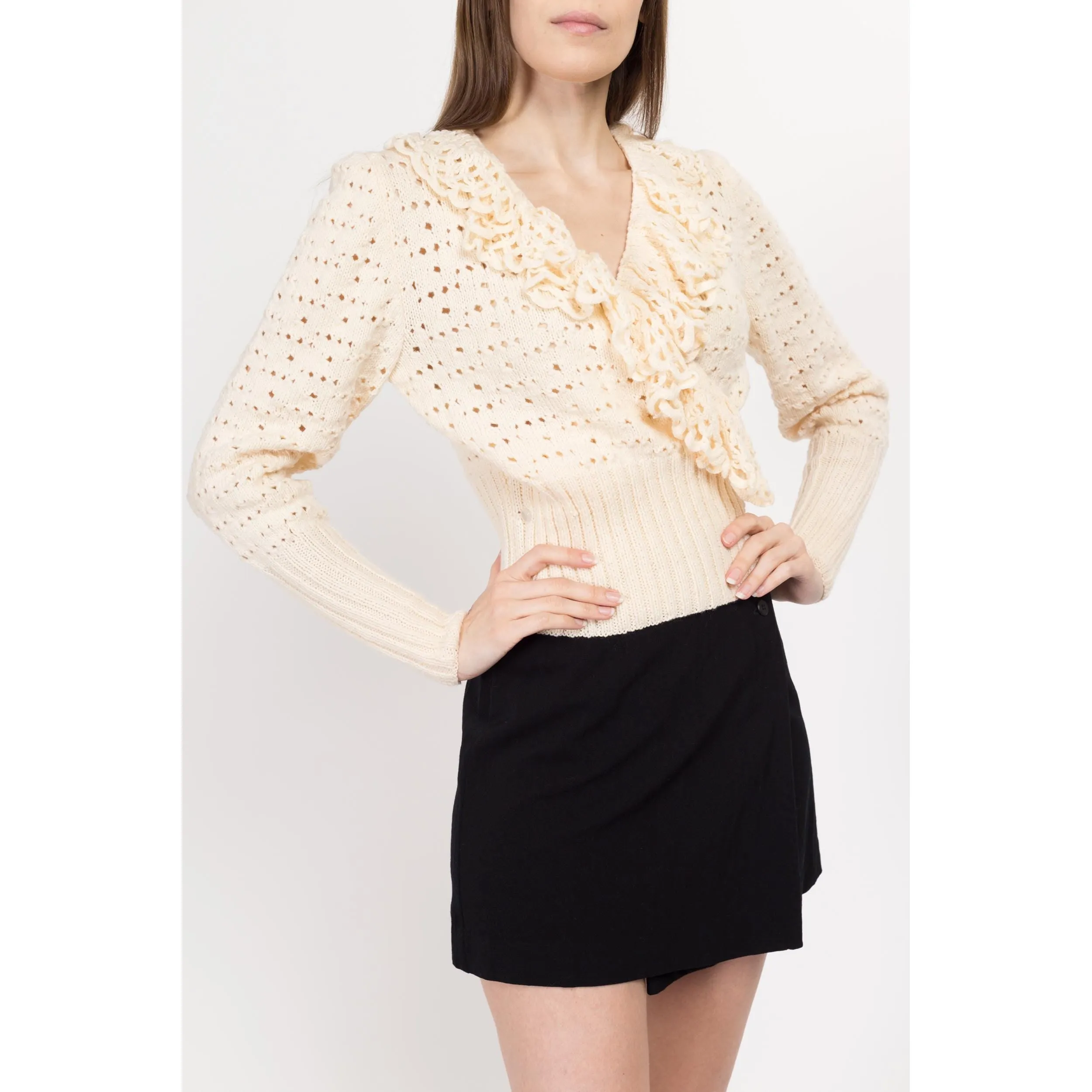 Sm-Med 80s Boho Cream Eyelet Ruffle Wrap Sweater