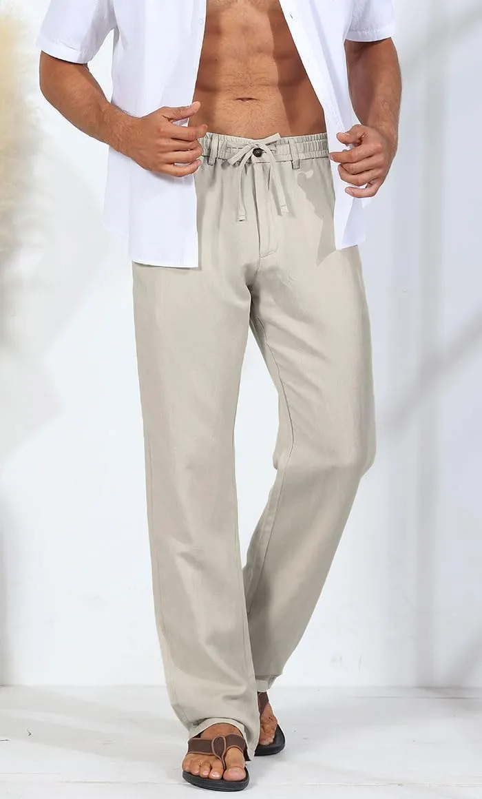 Soojun Men's Linen Beach Pants Lightweight Summer Pants with Drawstring