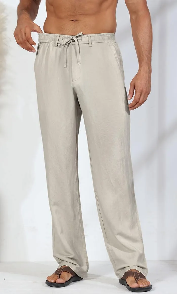 Soojun Men's Linen Beach Pants Lightweight Summer Pants with Drawstring