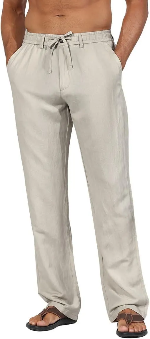 Soojun Men's Linen Beach Pants Lightweight Summer Pants with Drawstring