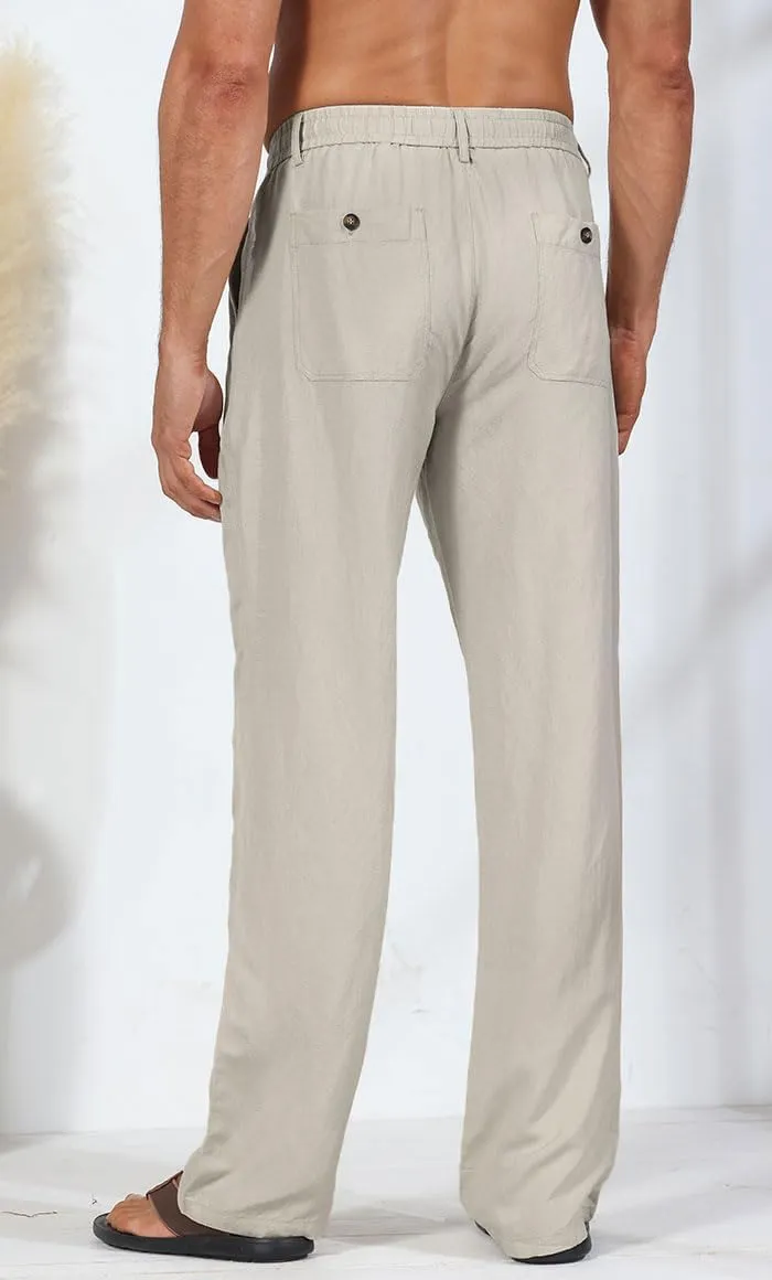 Soojun Men's Linen Beach Pants Lightweight Summer Pants with Drawstring