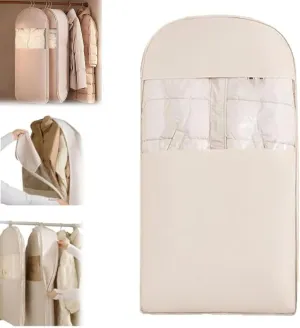 Space Saving Hanging Garment Ba, Space Saving Hanging Garment Bag with Self-Compression Zipper, Space Saver Closet Organizers,Dust Cover Clothes Bags for Down Coat (Beige, M)