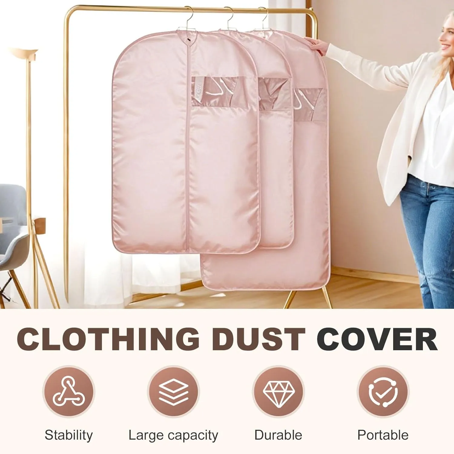 Space Saving Hanging Garment Bag, Dust Cover Clothes Bags for Down Coat with Self Compression Zipper, Hanging Clothes Bag Closet Storage Home (Pink, Medium)