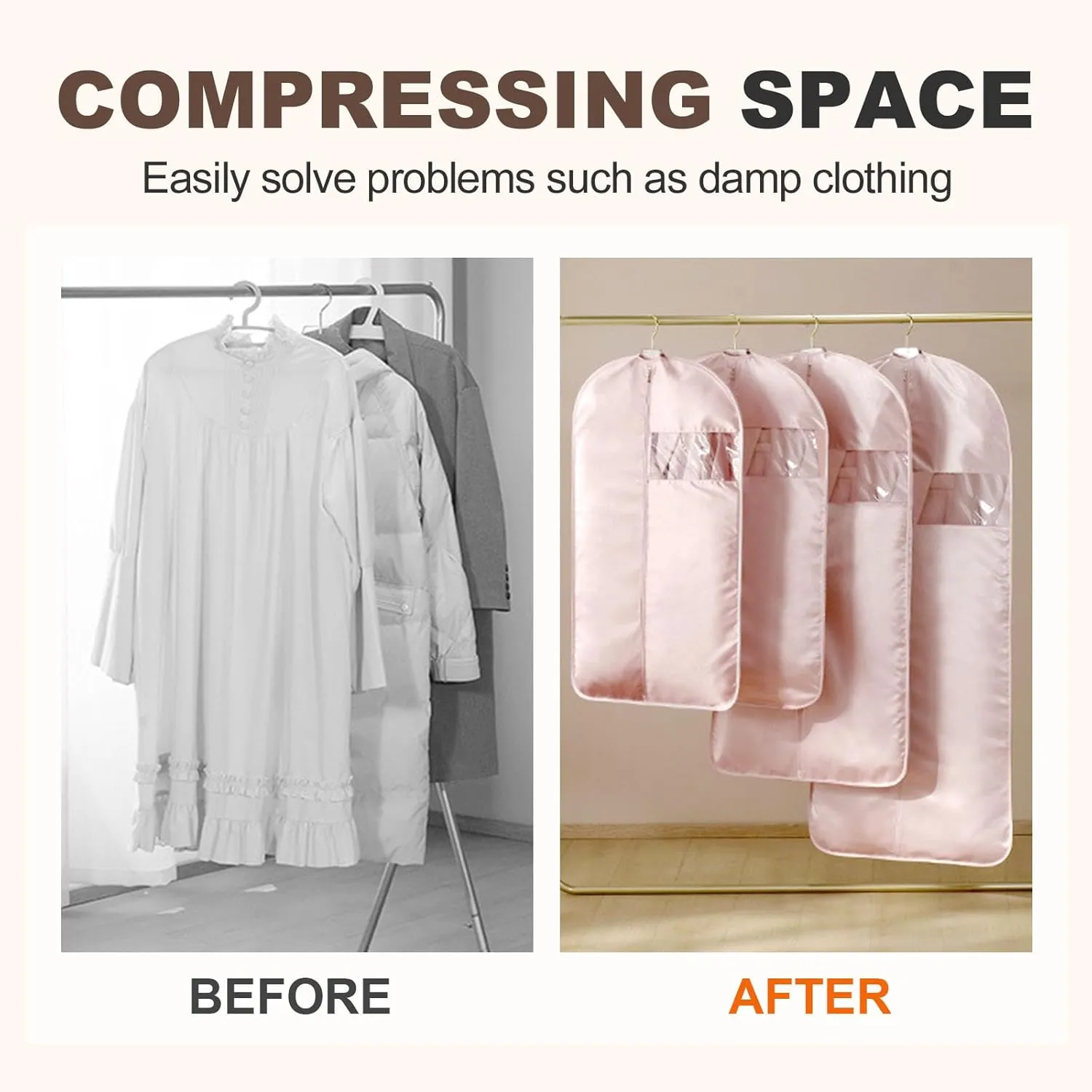 Space Saving Hanging Garment Bag, Dust Cover Clothes Bags for Down Coat with Self Compression Zipper, Hanging Clothes Bag Closet Storage Home (Pink, Medium)