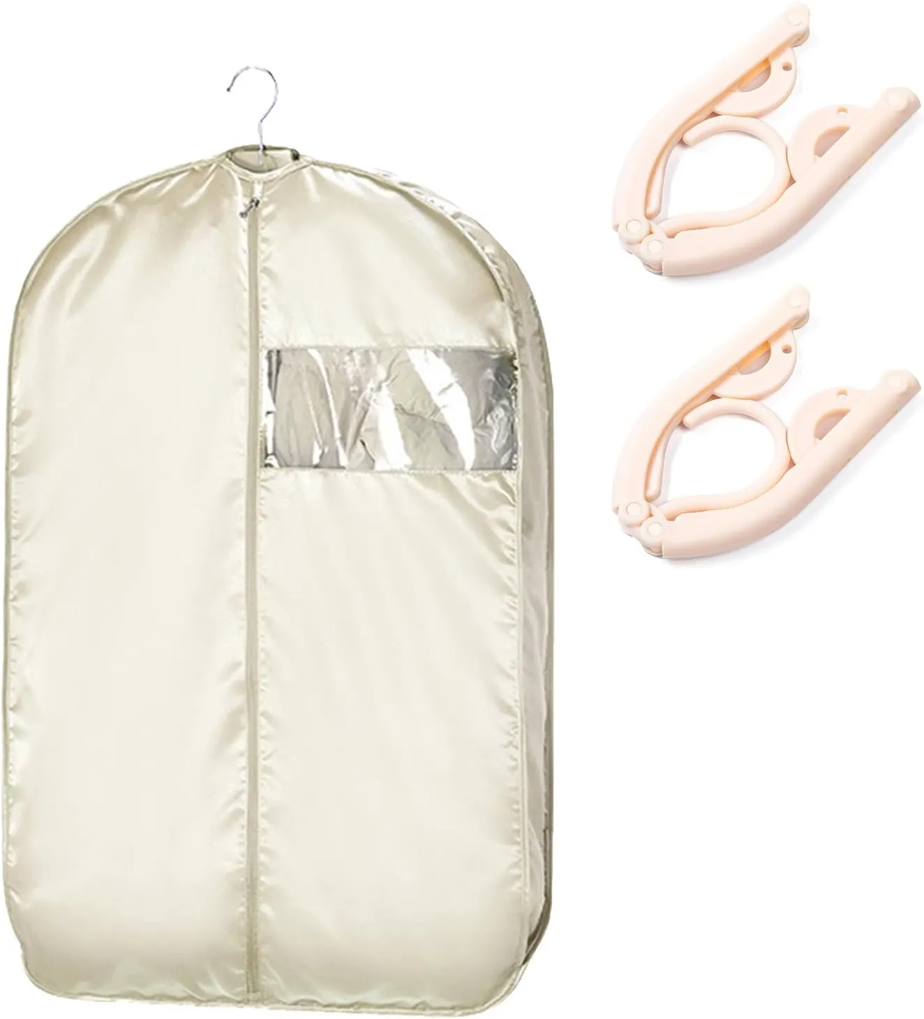 Space Saving Hanging Garment Bag with Self Compression Zipper 2025 Upgrade Space Saving Hanging Bag with transparent window Space Saver Closet Organizers (Beige, M)