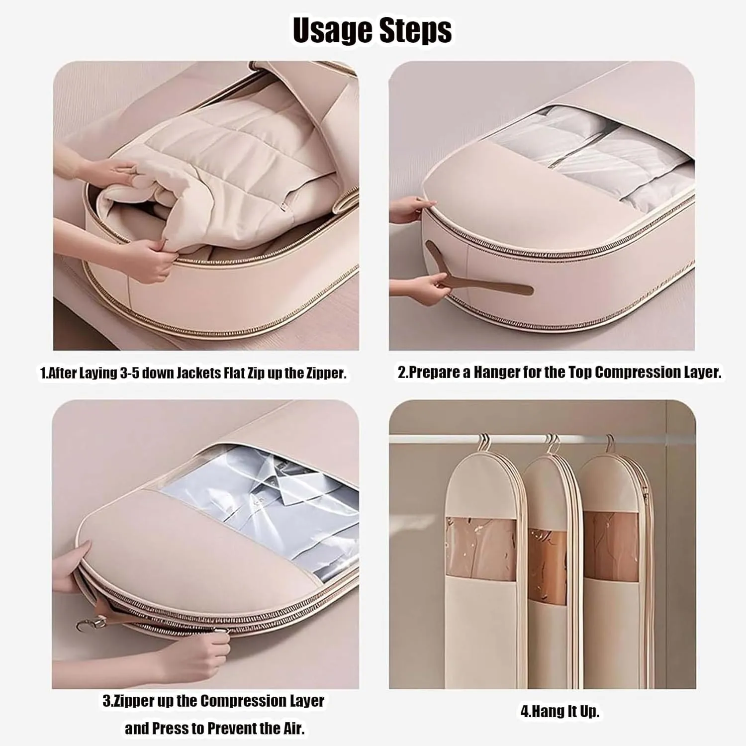 Space Saving Hanging Garment Bag with Self Compression Zipper, Space Saver Closet Organizers, Dust Cover Clothes Bags for Down Coat (Beige,Medium)
