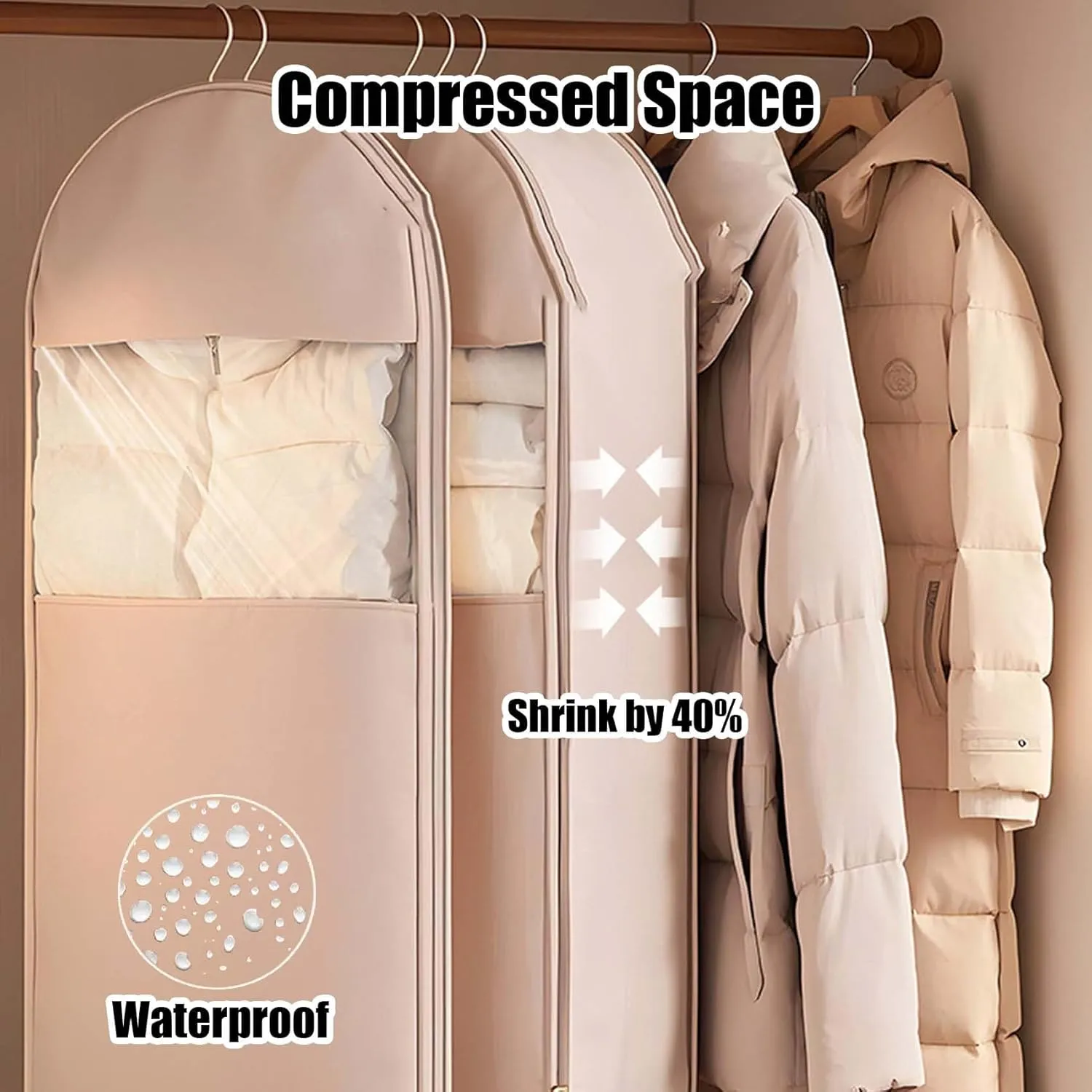 Space Saving Hanging Garment Bag with Self Compression Zipper, Space Saver Closet Organizers, Dust Cover Clothes Bags for Down Coat (Beige,Medium)