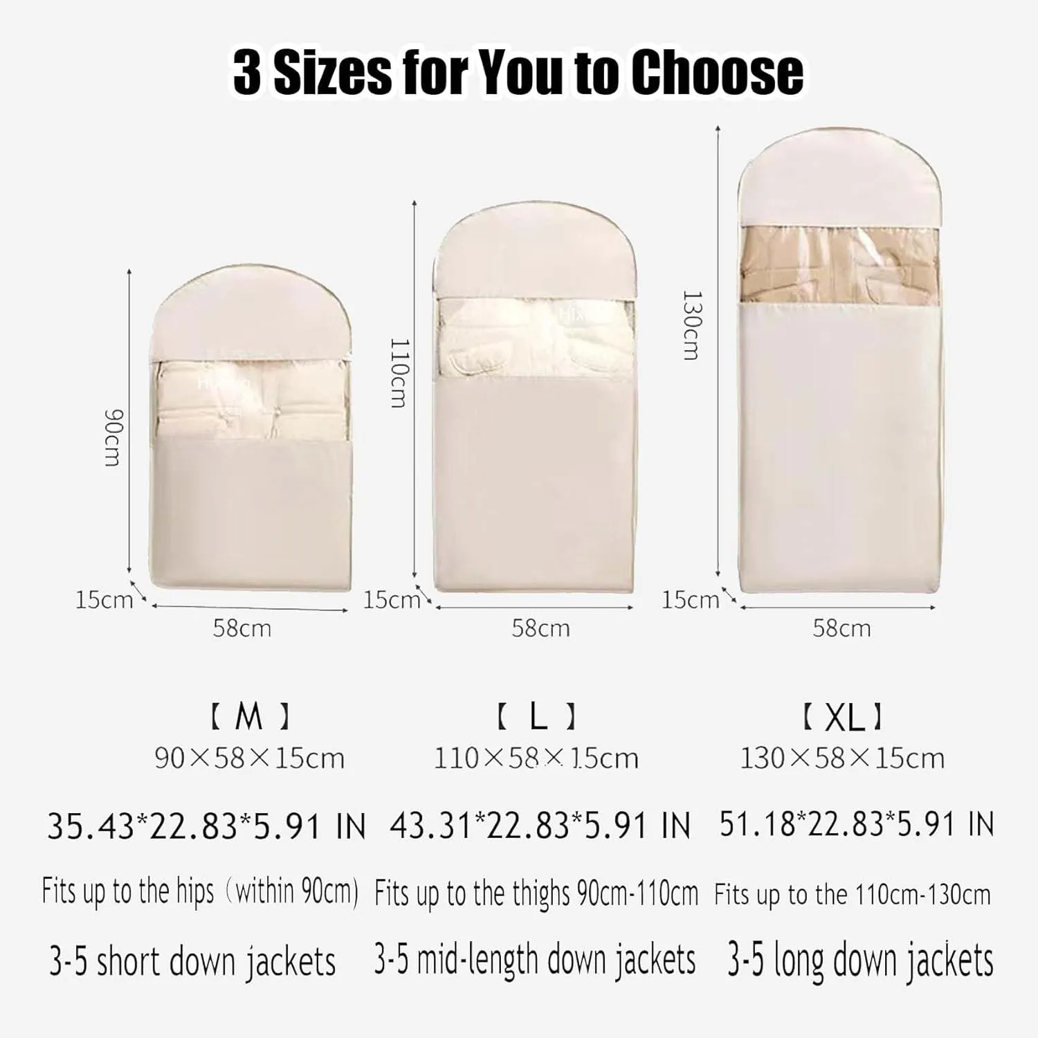Space Saving Hanging Garment Bag with Self Compression Zipper, Space Saver Closet Organizers, Dust Cover Clothes Bags for Down Coat (Beige,Medium)