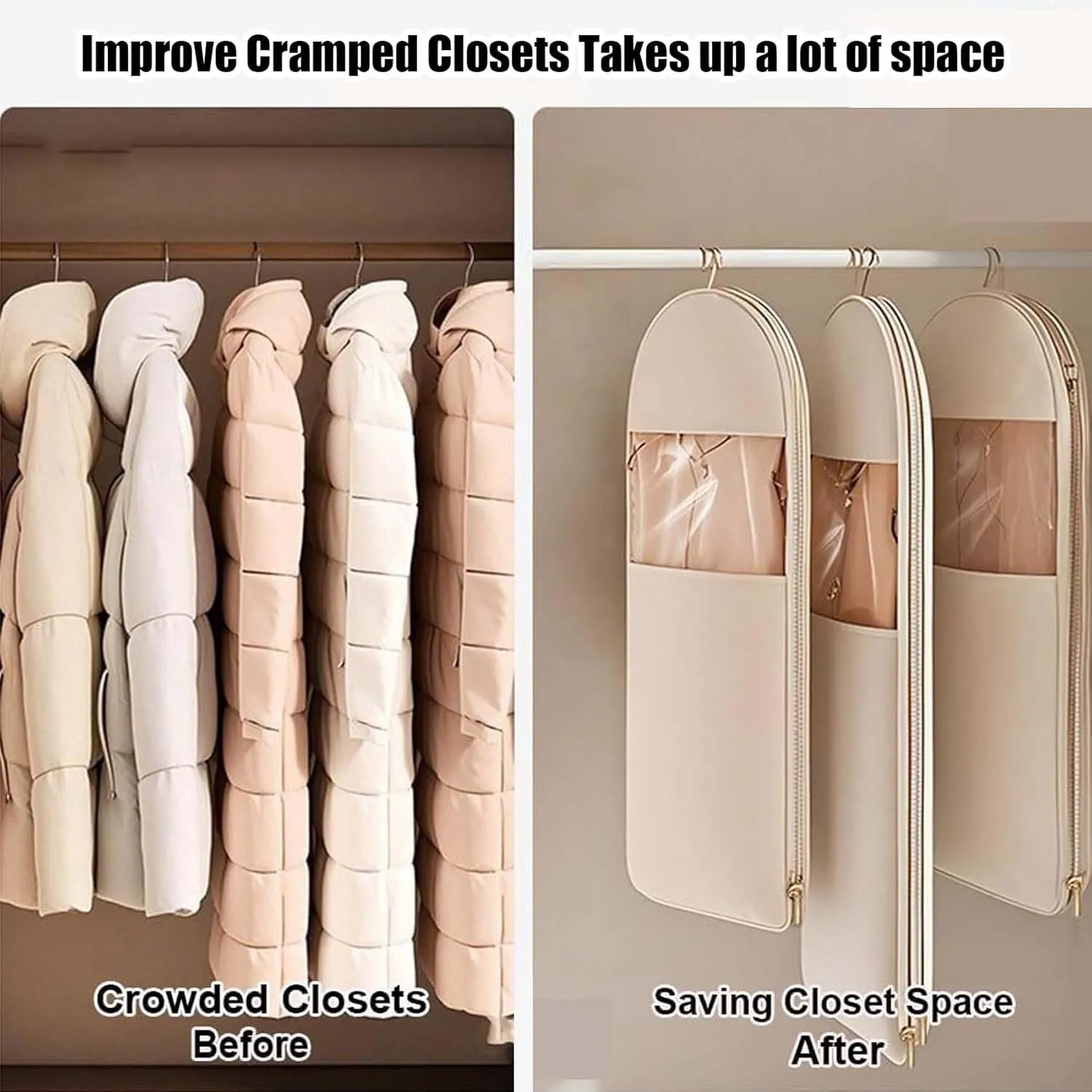 Space Saving Hanging Garment Bag with Self Compression Zipper, Space Saver Closet Organizers, Dust Cover Clothes Bags for Down Coat (Beige,Medium)