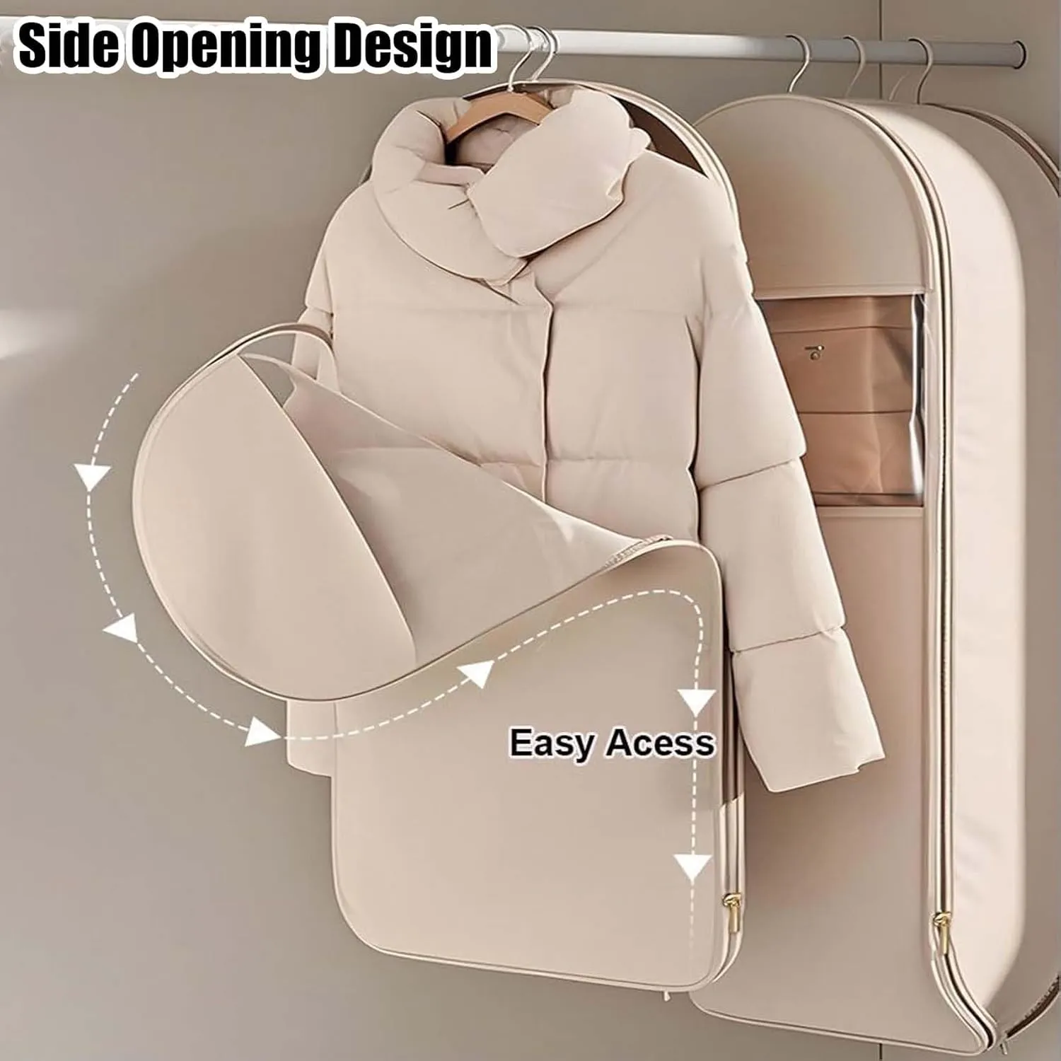 Space Saving Hanging Garment Bag with Self Compression Zipper, Space Saver Closet Organizers, Dust Cover Clothes Bags for Down Coat (Beige,Medium)