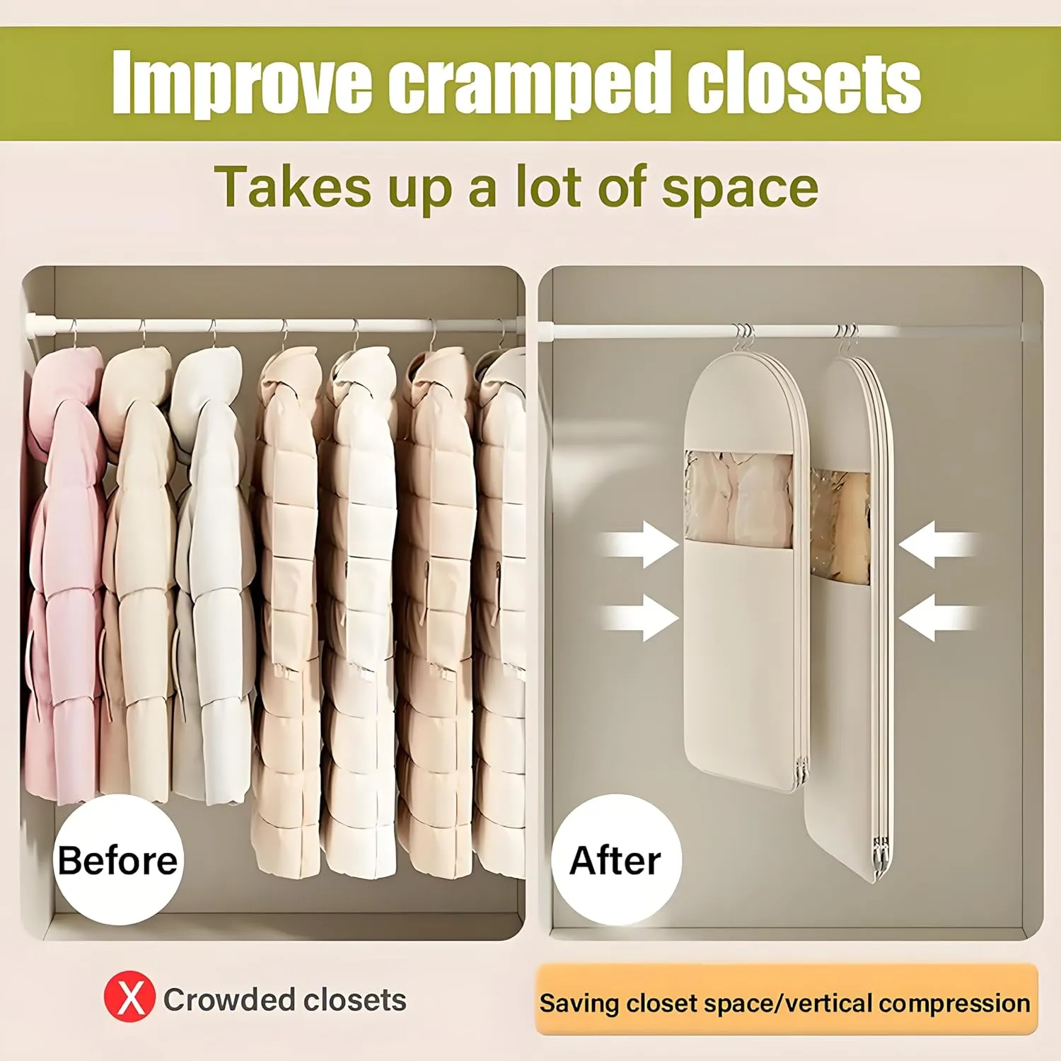 Space Saving Hanging Garment Bag with Self Compression Zipper, Space Saver Closet Organizers for Closet Storage, Dust Cover Clothes Bags for Down Coat (XL-Peach)