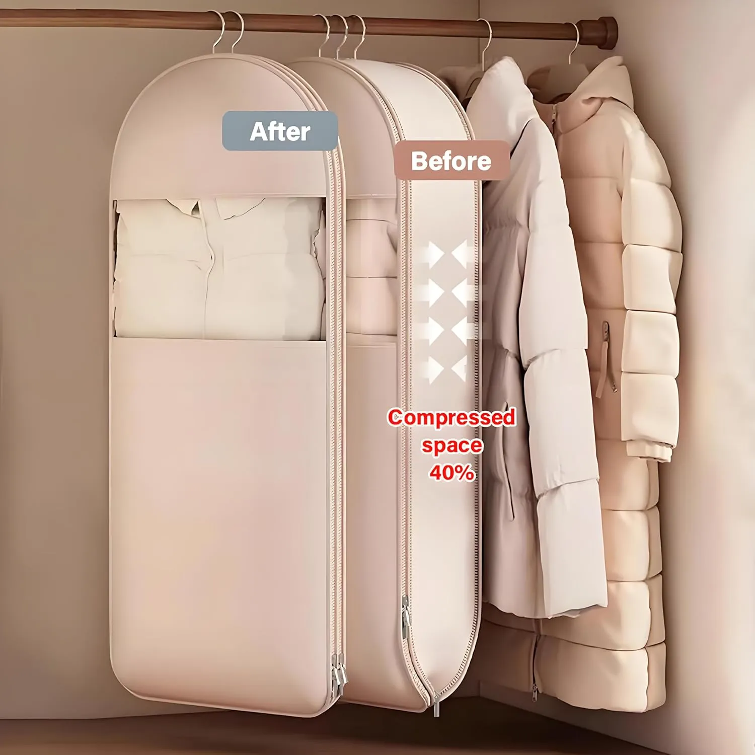 Space Saving Hanging Garment Bag with Self Compression Zipper, Space Saver Closet Organizers for Closet Storage, Dust Cover Clothes Bags for Down Coat (XL-Peach)