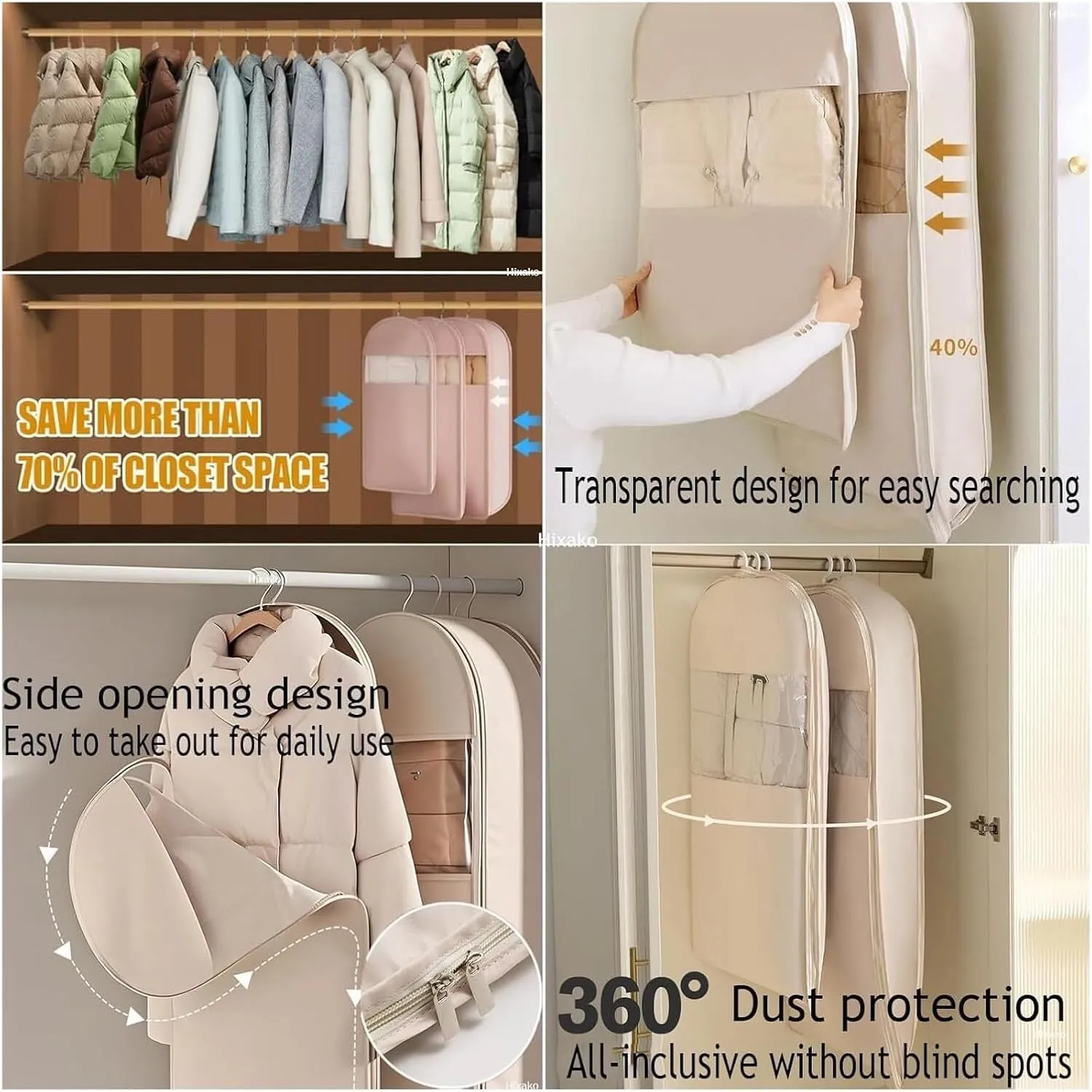 Space Saving Hanging Garment Bag with Self Compression Zipper,Dust Cover Clothes Bags for Down Coat,Space Saver Closet Organizers(Beige,X-Large)