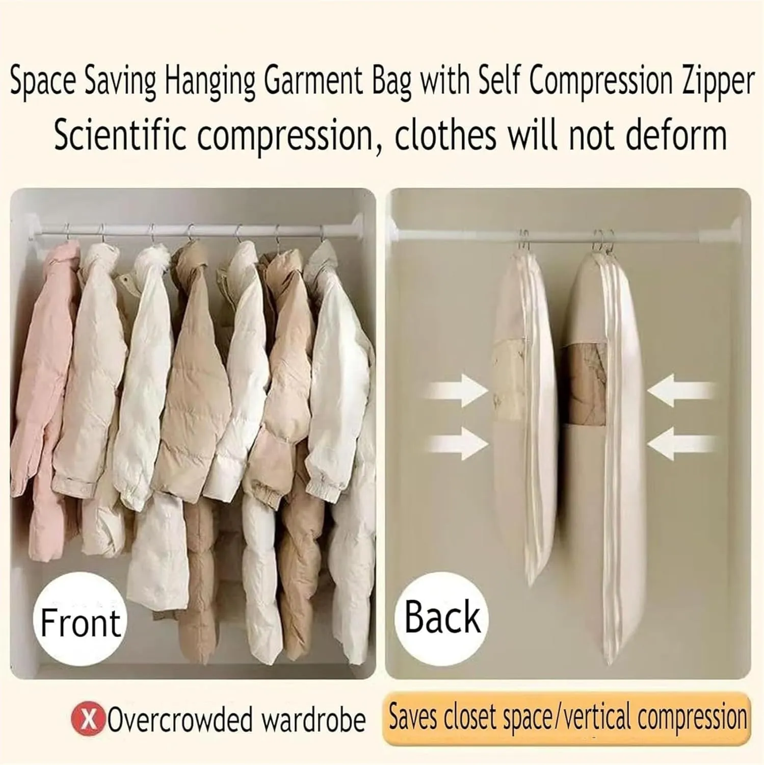 Space Saving Hanging Garment Bag with Self Compression Zipper,Dust Cover Clothes Bags for Down Coat,Space Saver Closet Organizers(Beige,X-Large)