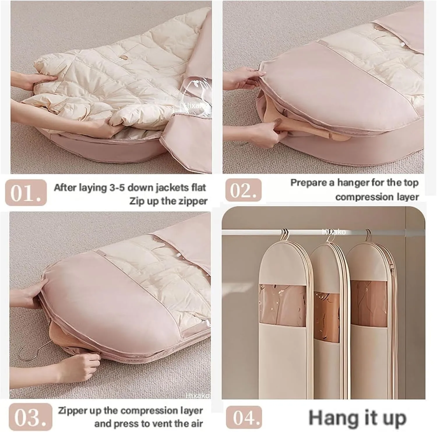 Space Saving Hanging Garment Bag with Self Compression Zipper,Dust Cover Clothes Bags for Down Coat,Space Saver Closet Organizers(Beige,X-Large)