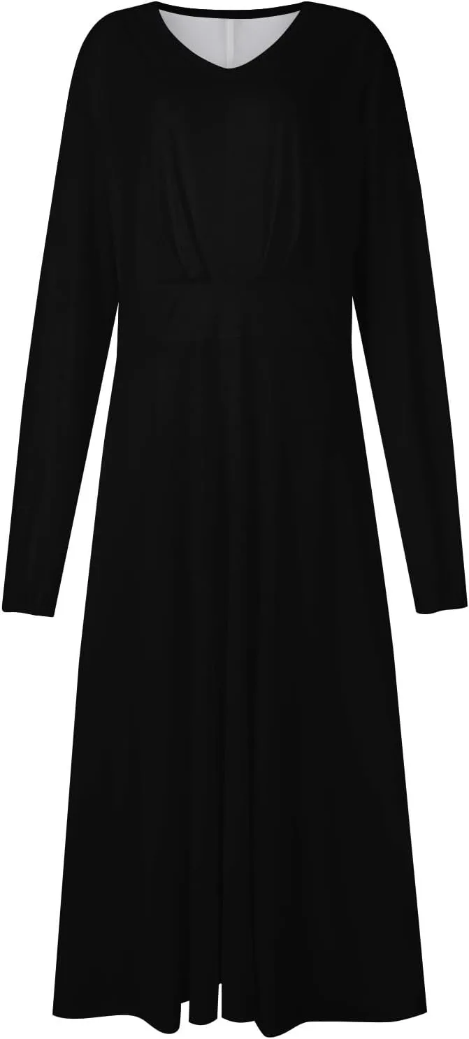 Spring Dresses for Women 2025,Women's 2025 Midi Dress Casual Long Sleeve V Neck Solid Color A Line Flowy Dresses