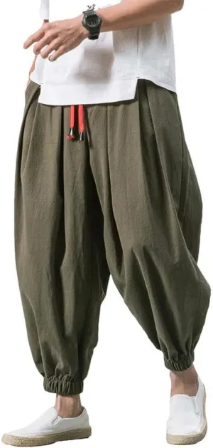 Spring Men's Harem Pants Chinese Style Lightweight Sports Pants Casual with Pocket Solid Color