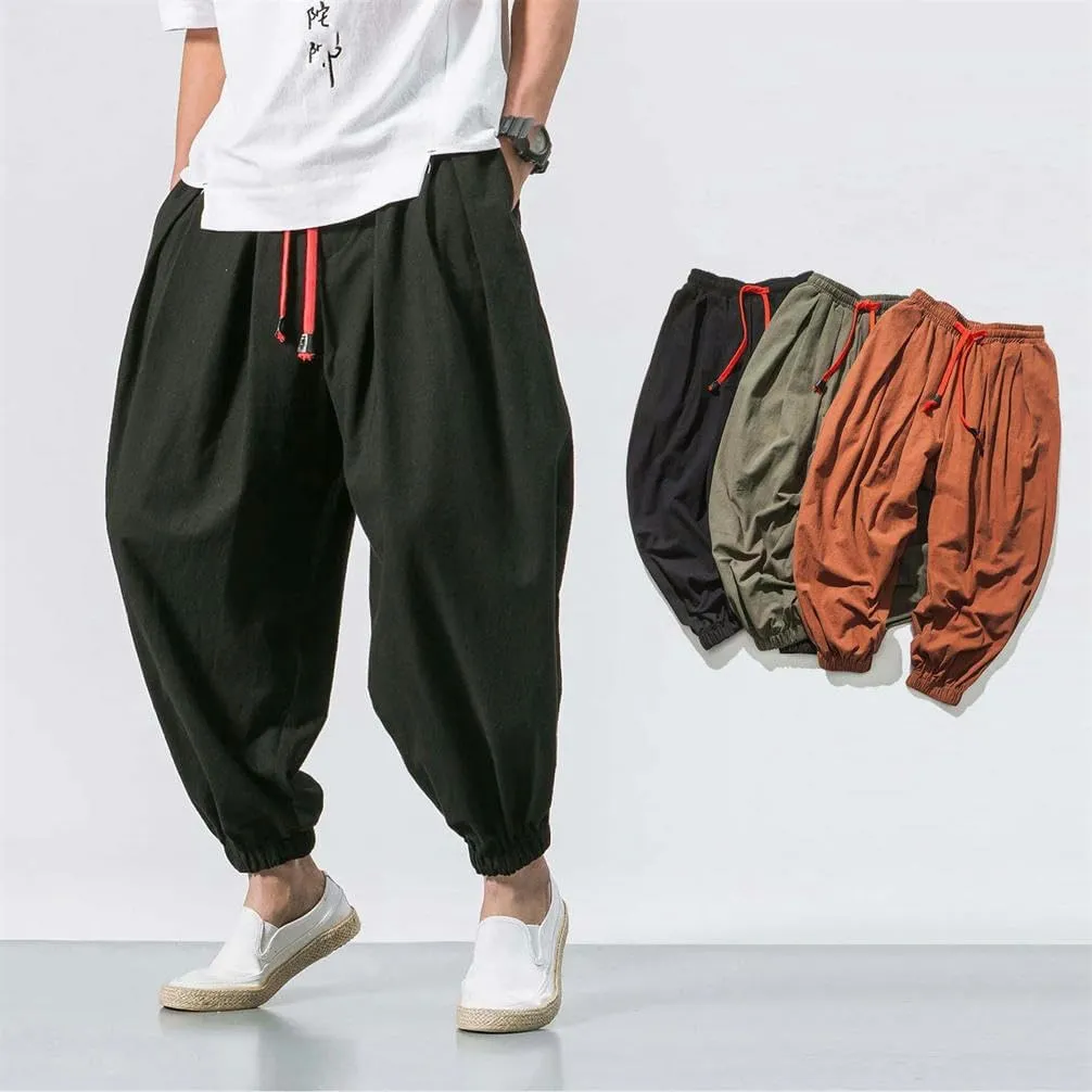 Spring Men's Harem Pants Chinese Style Lightweight Sports Pants Casual with Pocket Solid Color